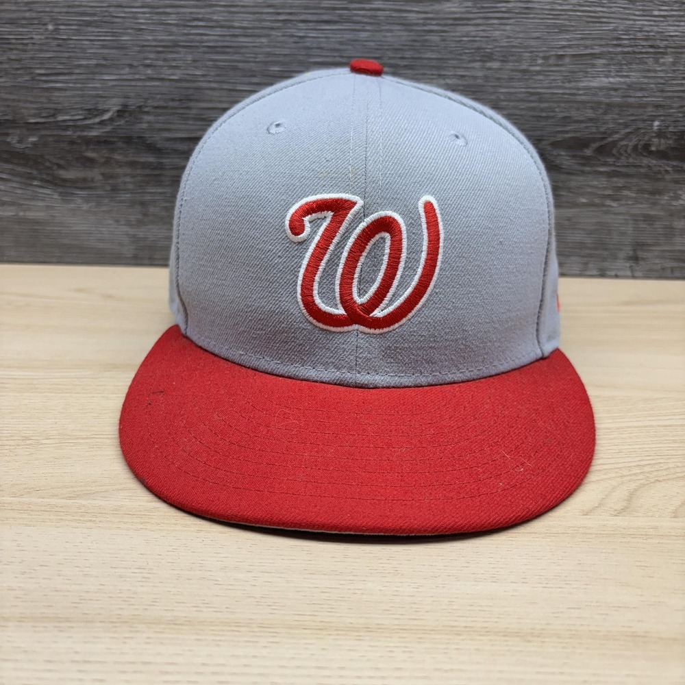 Washington Nationals Hat Cap Fitted Mens 7 1/8 Gray Red MLB Baseball New Era